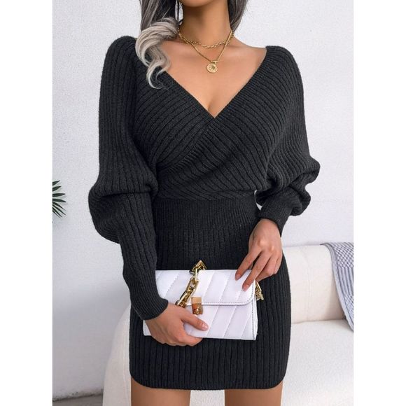 Black Rib-Knit Sweater Dress - Picture 6 of 9